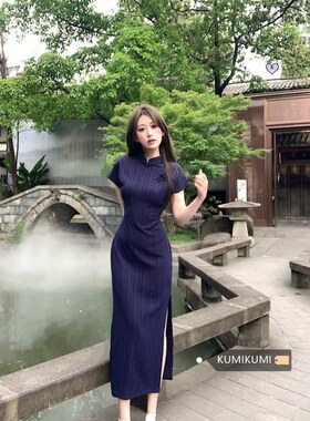 新中式国风改良旗袍连衣裙女夏季收腰设计感气质开叉包臀裙长裙子