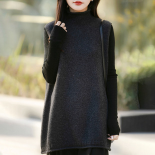 法式慵懒风半高领叠穿加厚针织马甲女秋冬保暖无袖中长款毛衣坎肩