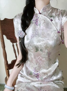 |葡萄猫咪|自制新中式国风复古气质显瘦暗纹提花旗袍修身连衣裙