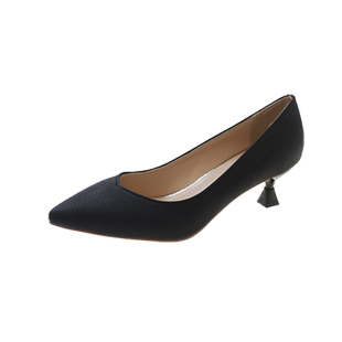 软皮高跟鞋女细跟中跟尖头黑色职业工作鞋矮跟配裙子的上班鞋女鞋