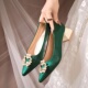 女绸缎面绿色新娘鞋 粗跟低跟配秀禾服 高跟鞋 婚鞋 双喜扣结婚单鞋