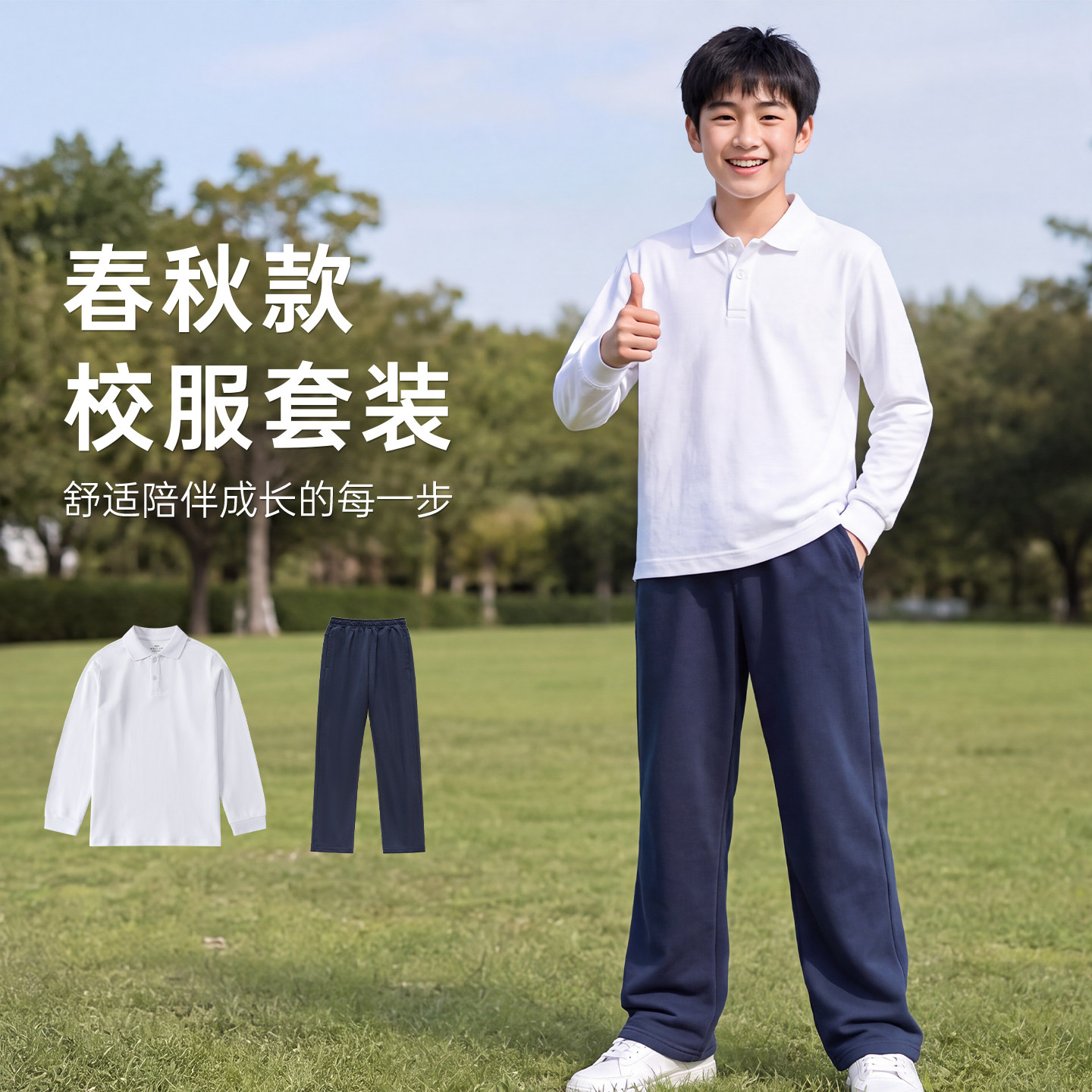 男童校服套装儿童白色长袖polo衫裤子女童春秋T恤翻领上衣打底衫