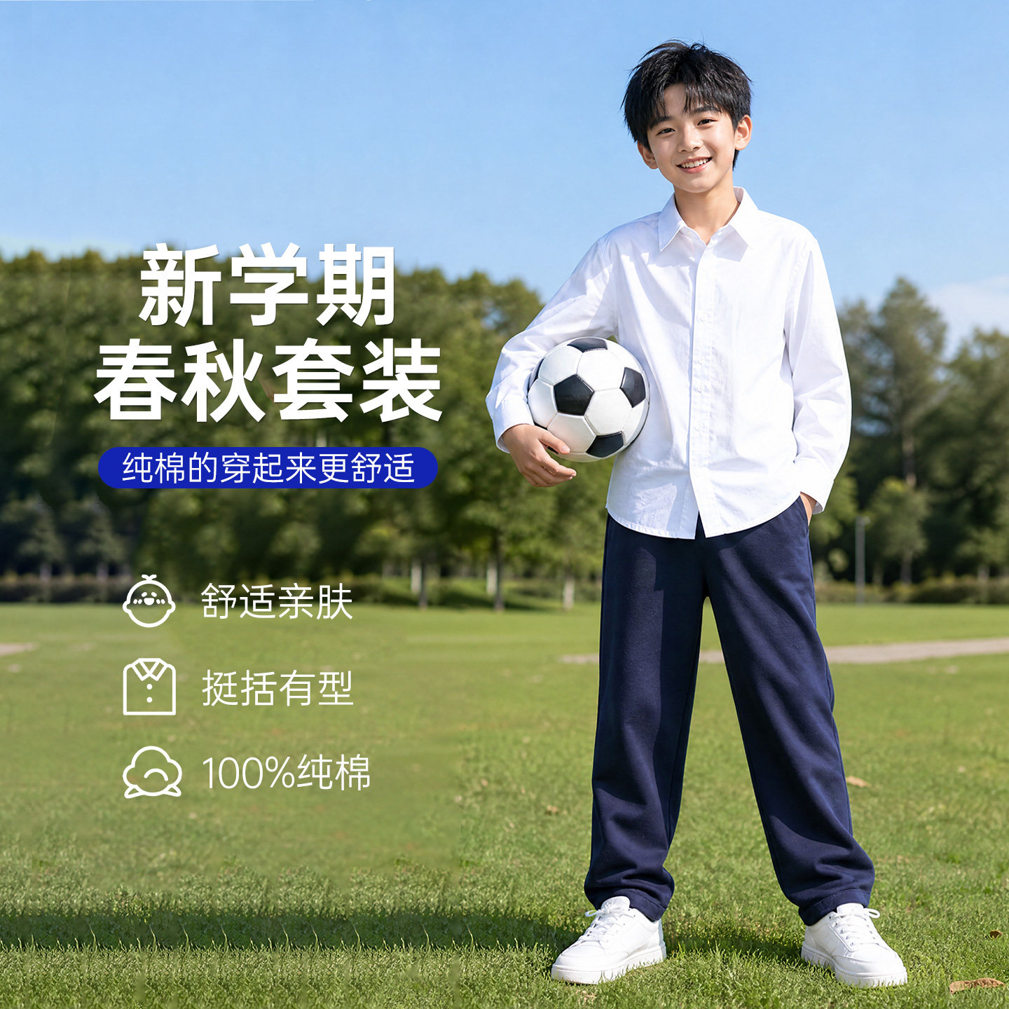 儿童校服套装男女童长袖衬衫春秋新款白色衬衣藏青色直筒裤子