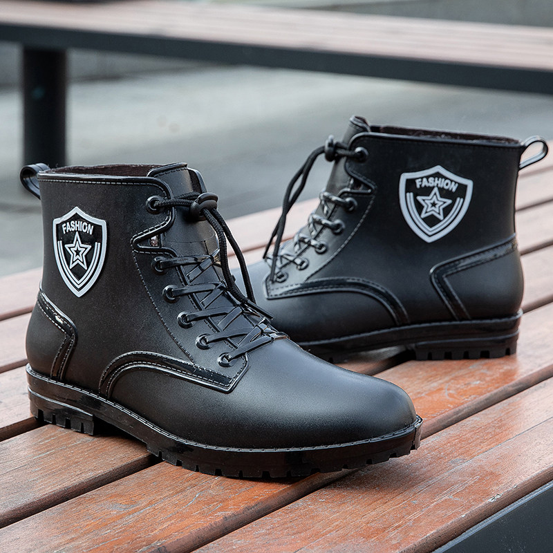 拉绳收口雨鞋男款时尚防水鞋软底雨靴厨房防滑轻便一体胶鞋马丁靴