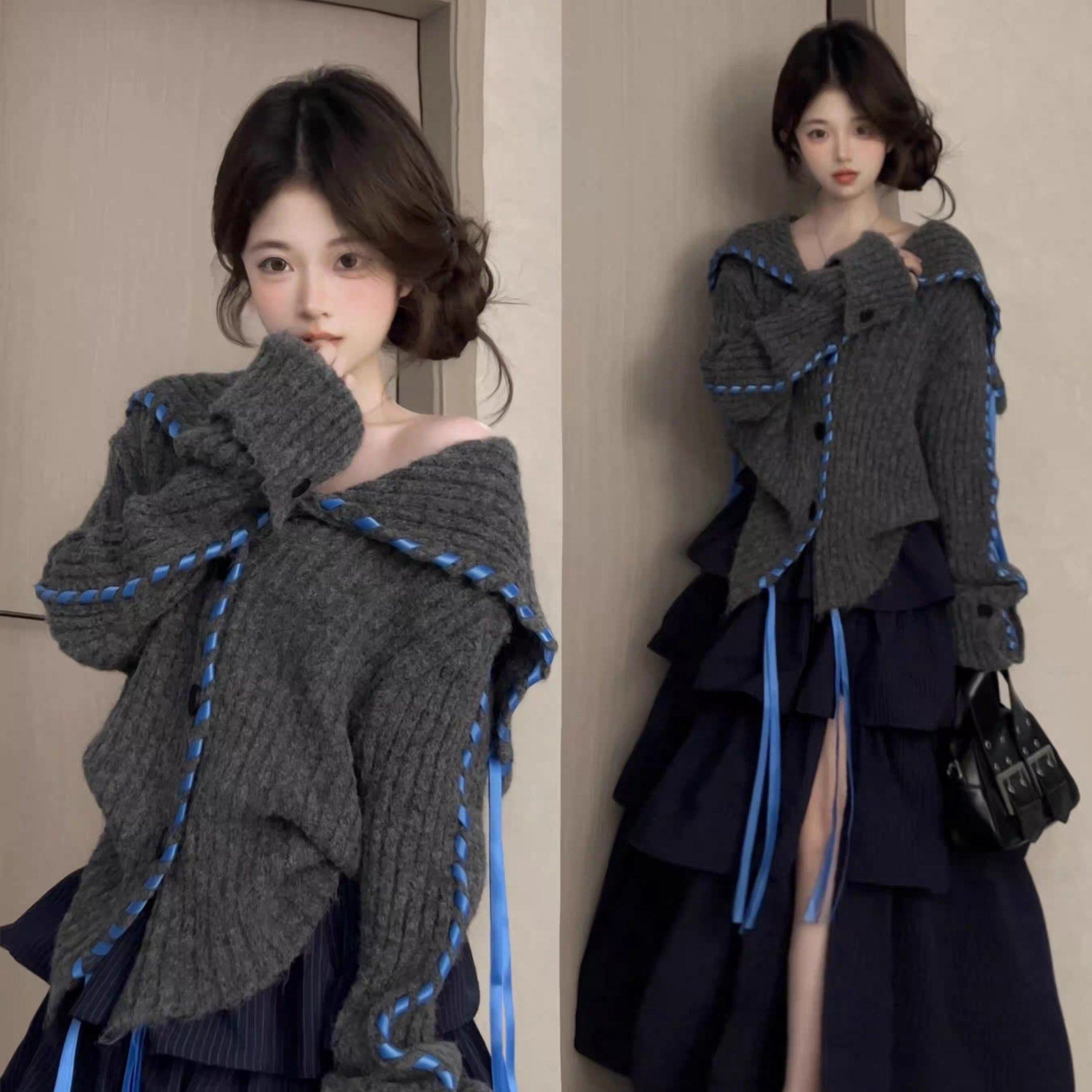 设计感飘带海军大翻领针织衫开衫女秋季含羊驼毛宽松慵懒毛衣外套