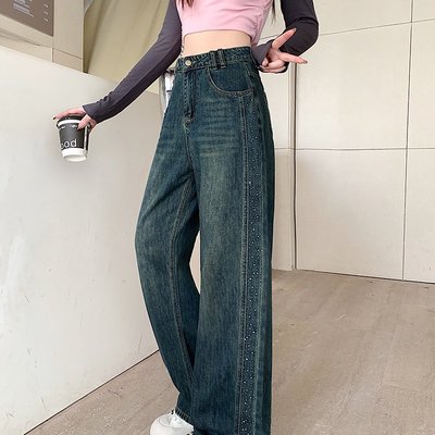 实拍大码2025春季新款胖mm窄版阔腿牛仔长裤复古烫钻直筒拖地裤子
