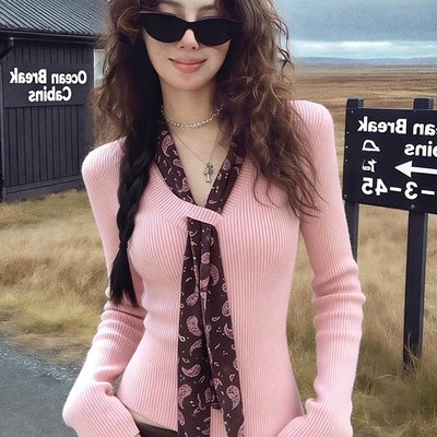 2026设计感粉色v领针织衫秋冬修身内搭打底上衣韩系高级感毛衣