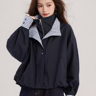 已出货撞色格子假两件夹克上衣女2025秋冬新款 甜酷风翻领外套 美式