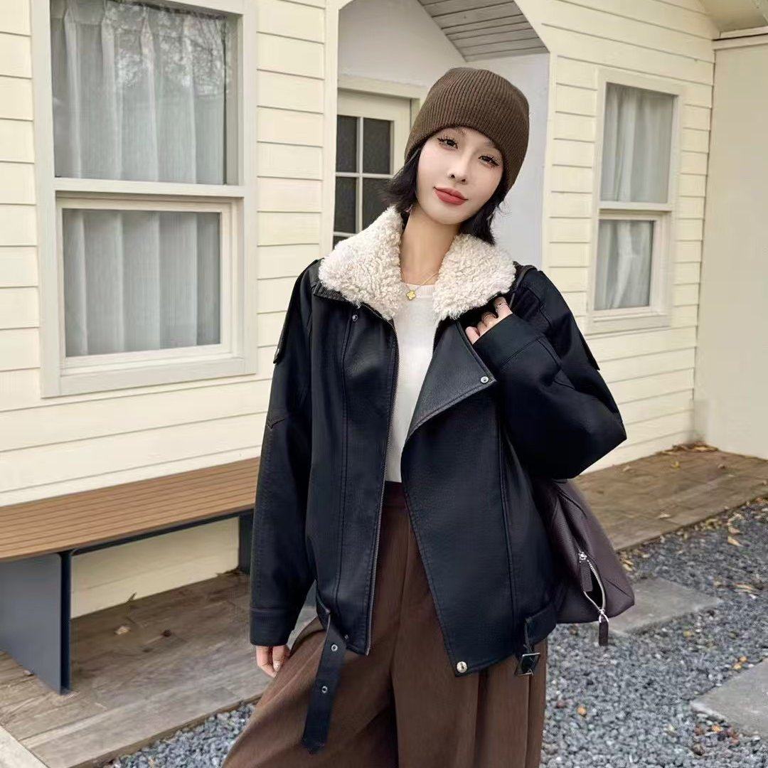 实拍实价酷飒羊羔绒毛领蛋白皮衣外套女加厚羽绒美式机车宽松夹克