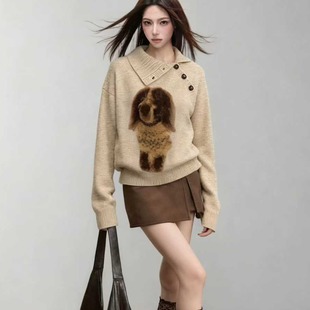 已出货 宽松高领上衣 慵懒风费尔岛毛衣女秋冬复古小狗提花针织衫