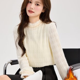 加绒加厚磨毛长袖 女秋冬新款 内搭上衣 半高领蕾丝打底衫 已出货法式