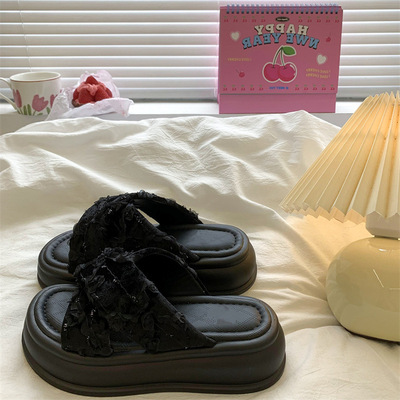 青岛福客来女鞋代工厂黑色松糕厚底拖鞋女夏外穿2026新款时尚百搭