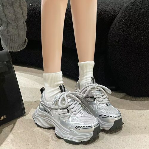 青岛福客来女鞋 断码清仓银色老爹鞋女秋季网面透气运动鞋子百搭