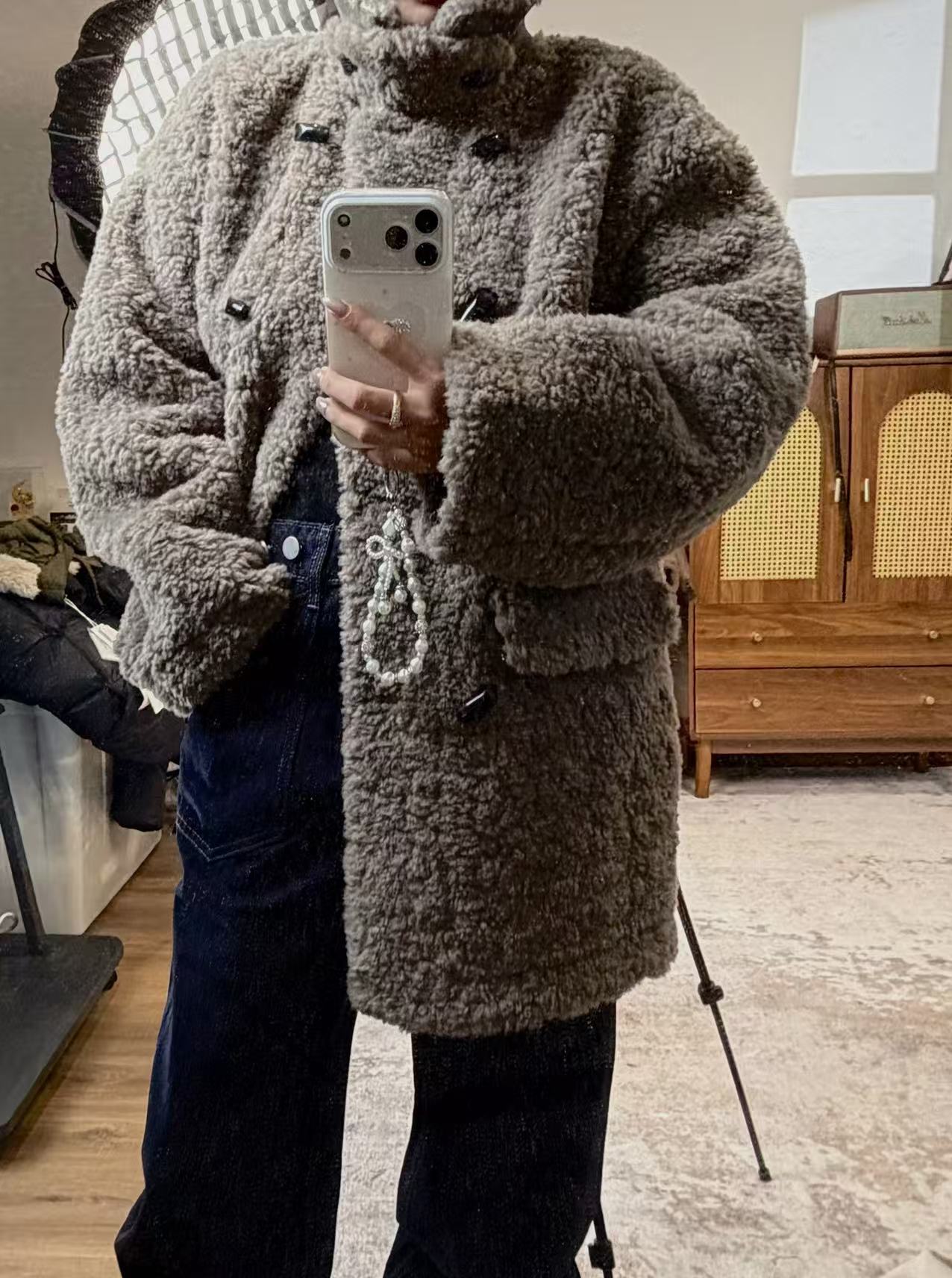 you mer韩货极简立领中长款加厚羊羔毛外套