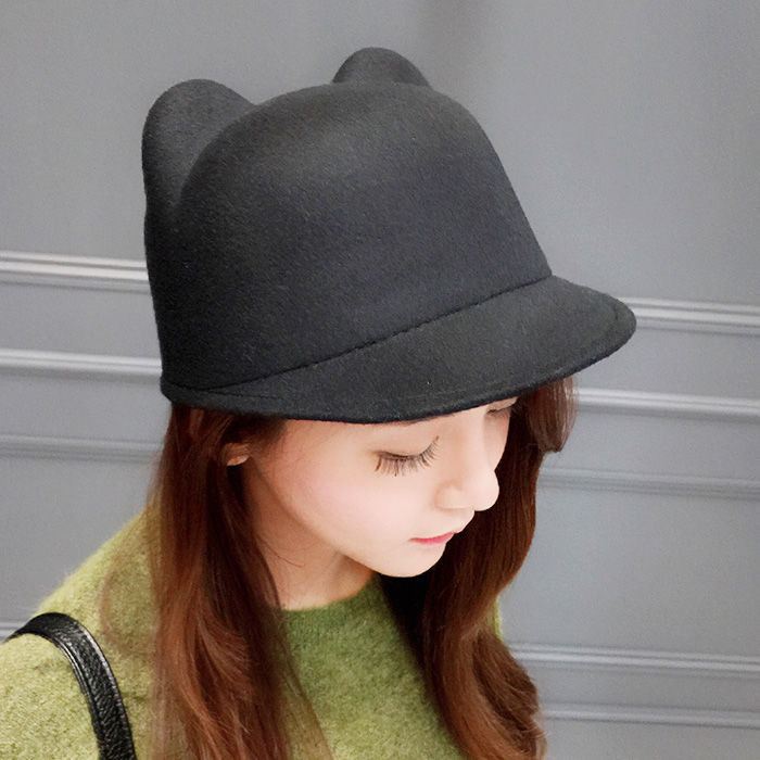 秋冬女士毛呢礼帽恶魔角仿羊毛鸭舌帽子可爱猫耳朵马术帽亲子礼帽