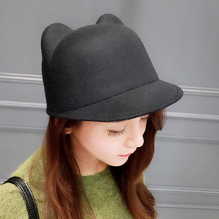 秋冬女士毛呢礼帽恶魔角仿羊毛鸭舌帽子可爱猫耳朵马术帽亲子礼帽