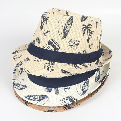 夏季新款 英伦绅士小礼帽男 印花防晒遮阳太阳帽 沙滩草帽亲子款