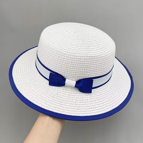 草帽法式平顶草帽女士新款夏季海边蓝色礼帽白色遮阳帽子太阳凉帽