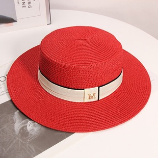 帽子女夏季出游海边M标平顶礼帽小清新遮阳帽太阳帽法式英伦草帽