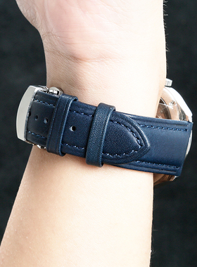 商务休闲蓝色真皮牛皮男款针扣表带自动扣腕带代用力洛克192022mm