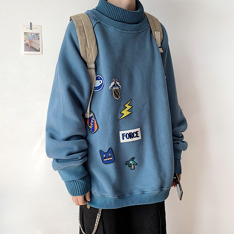 19W11主推纯棉毛衣领加绒秋季中性情侣港风纯色圆领套头卫衣男，男装针织衫/毛衣，星座213