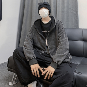 XZ213-JK14-P88控108 港风大码连帽做旧开衫重工夹克图片