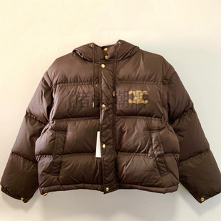 现货高品质女士超短款凯旋门皮标羽绒服带帽羽绒马甲背心袖子拆卸