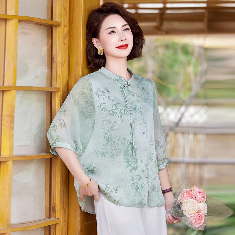 声雨竹香云纱桑蚕丝妈妈夏装新款短袖上衣中老年女洋气国风中老年