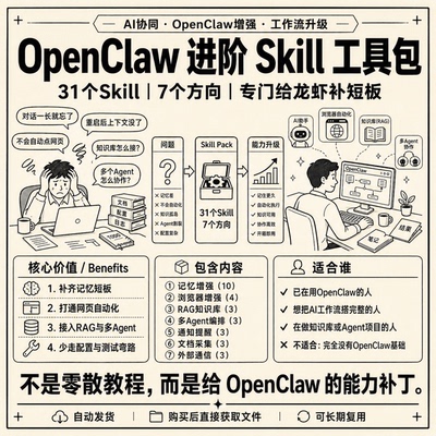 OpenClaw功能扩展包 31个Skill记忆RAG浏览器多Agent 电子资料
