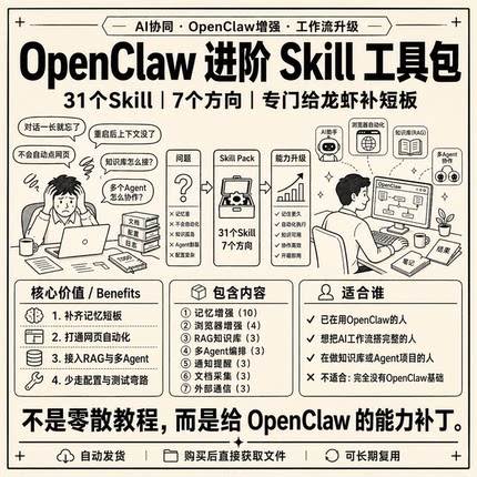 OpenClaw功能扩展包 31个Skill记忆RAG浏览器多Agent 电子资料