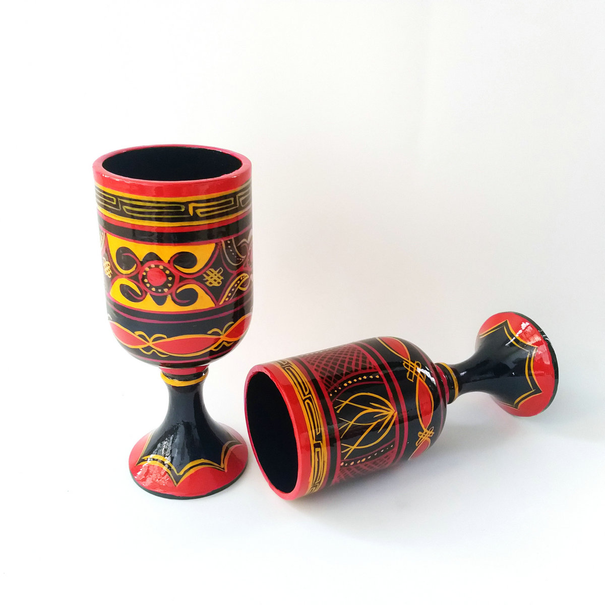 彝族漆器啤酒杯装三两实木手绘高脚杯子凉山红黑色民族红酒白酒杯