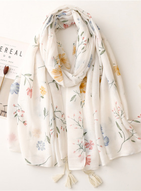 棉麻围巾女士白色小花花卉印花装饰手工流苏纱巾披肩Scarf shawl