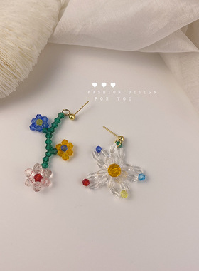 手工彩珠串珠花朵耳钉女耳环