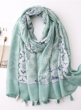 围巾亮蓝色小花边框图案印花流苏女士丝巾旅游披肩Scarf shawl