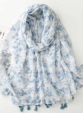 新款棉麻手感围巾小清新浅蓝色小花薄款流苏丝巾披肩Scarf shawl