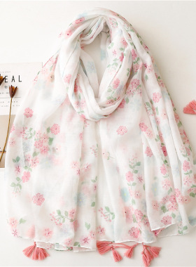 清新棉麻手感围巾巴厘纱丝巾白色小花流苏旅游披肩女Scarf shawl