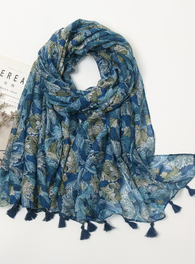 旅游防晒披肩百搭蓝色树叶印花民族风棉麻围巾丝巾女Scarf shawl
