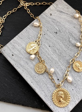 【芝麻芒果】美单Ettika淡水珍珠装饰双面coin长款毛衣链项链