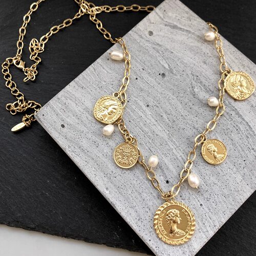 【芝麻芒果】美单Ettika淡水珍珠装饰双面coin长款毛衣链项链