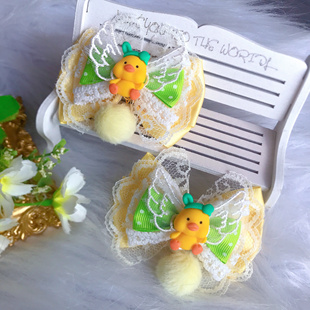 原创手作黄色小鸡小鸭发夹可爱甜美洛丽塔少女边夹蕾丝蝴蝶结发饰