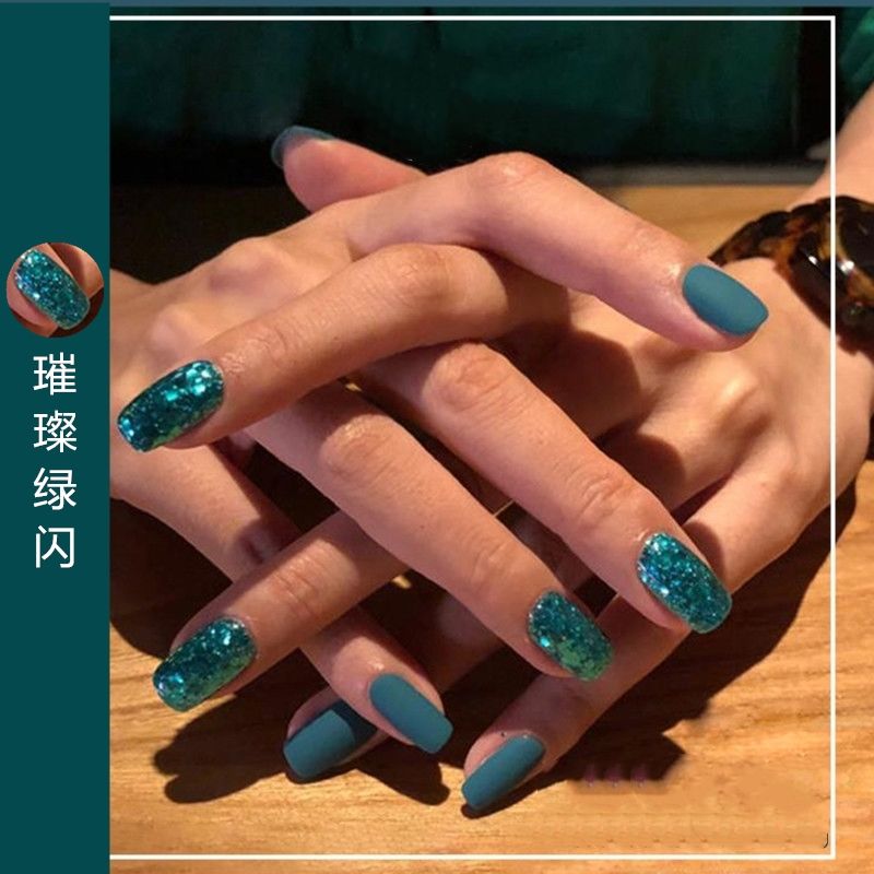 2020新款网红流行色美甲磨砂孔雀绿色指甲油胶亮片爆闪微钻光疗胶
