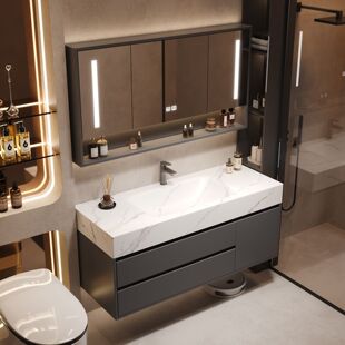 轻奢岩板热弯一体盆浴室柜组合现代简约洗手脸盆卫浴卫生间洗漱台