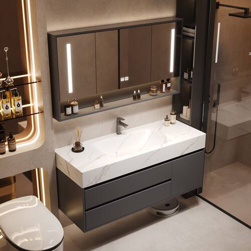 轻奢岩板热弯一体盆浴室柜组合现代简约洗手脸盆卫浴卫生间洗漱台