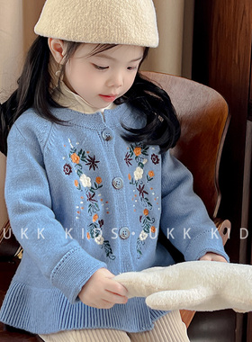 2025秋装森系女童花朵刺绣针织荷叶边开衫洋气宝宝裙式毛衣儿童女
