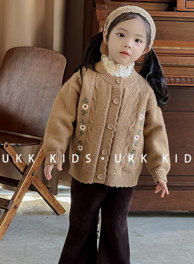 2025秋冬森系复古女童花朵刺绣针织开衫宝宝麻花毛衣外套儿童外搭