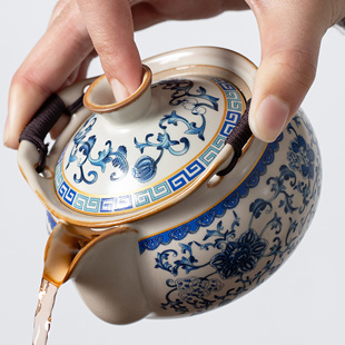 青花汝窑手抓壶盖碗茶杯泡茶快客杯家用复古高档大号防烫功夫茶具