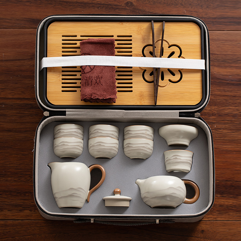 水墨远山汝窑旅行茶具套装家用户外便携式喝茶装备茶壶茶盘
