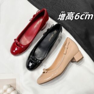 羊皮版~小个子内增高法式蝴蝶结圆头玛丽珍单鞋女粗跟小皮鞋新款