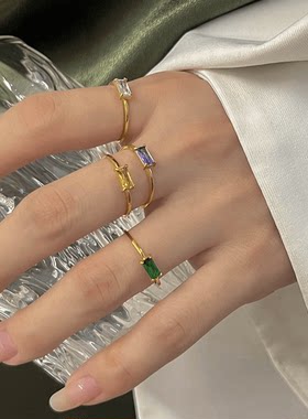 S925纯银方糖多巴胺色系戒指彩石素圈女款银戒开口简约百搭潮流