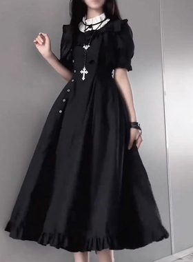 夏季优雅气质小众设计感洛丽塔长裙收腰显瘦lolita黑色连衣裙子女